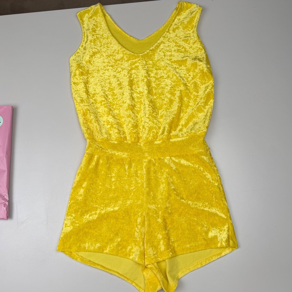Vintage Yellow Crushed Velvet Romper Sleeveless V-Neck Retro Dopamine Kidcore S - Picture 2 of 9